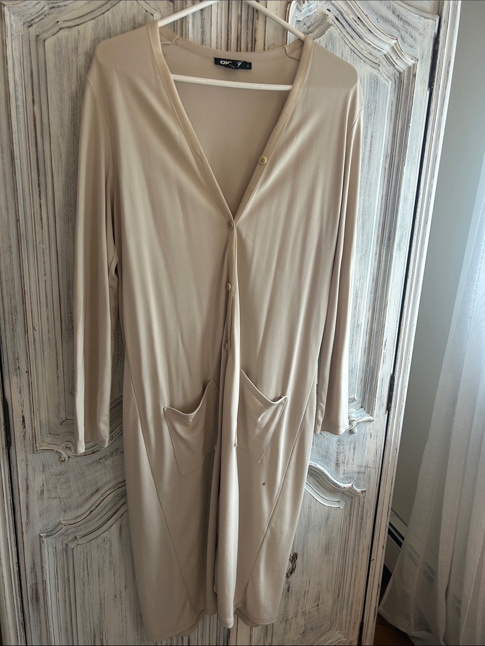 DKNY Neutral Beige Long Sleeve Button-Front Robe